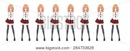 Anime Manga Girl, Cartoon Character In Japanese Style. In A White Shirt, A Red Skirt In A Cage, A Ti