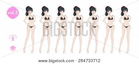 Anime Manga Girl, Cartoon Character In Japanese Style. In A Summer Bikini Swimsuit. Set Of Emotions.