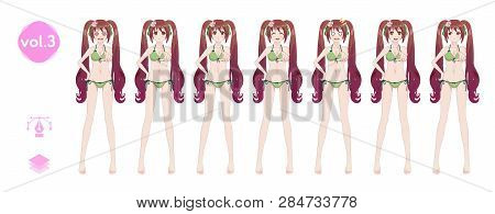 Anime Manga Girl, Cartoon Character In Japanese Style. In A Summer Bikini Swimsuit. Set Of Emotions.