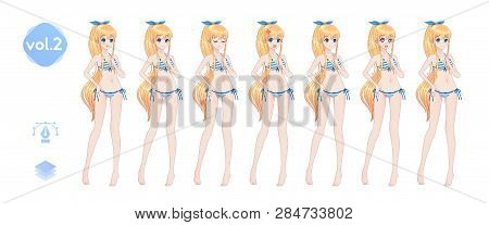 Anime Manga Girl, Cartoon Character In Japanese Style. In A Summer Bikini Swimsuit. Set Of Emotions.