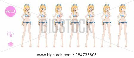 Anime Manga Girl, Cartoon Character In Japanese Style. In A Summer Bikini Swimsuit. Set Of Emotions.