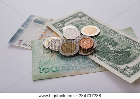 National Currency Of Different Countries. Banknotes And Coins. The Thai Currency, Azerbaijan Currenc