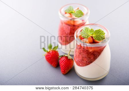 Delicous And Nutritious Double Color (colour) Strawberry Desserts With Mint And Diced Sarcocarp Topp