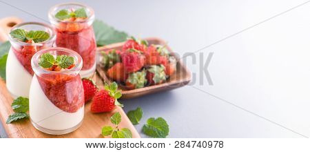 Delicous And Nutritious Double Color (colour) Strawberry Desserts With Mint And Diced Sarcocarp Topp
