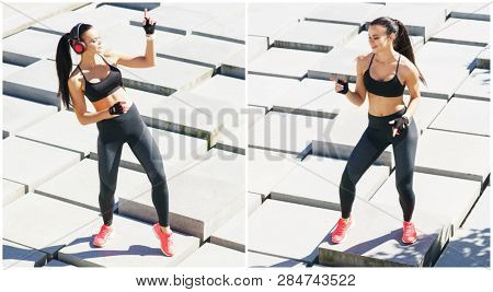Young, fit and sporty woman doing sports at the stret. Fitness, sport, urban jogging and healthy lifestyle concept.