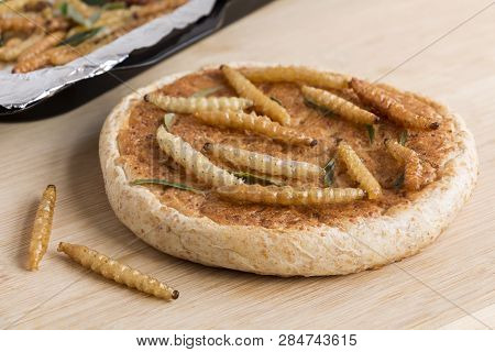Food Insects: Bamboo Worm For Eating As Food. Bakery Baked Bread Made Of Cooked Insect And Bamboo Ca