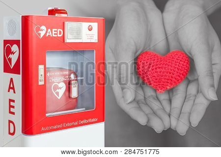 Aed Or Automated External Defibrillator First Aid Help Giving Life Heart Concept