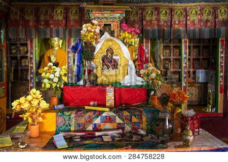 Leh, India - June 26, 2017: Detail of the altar in Stakna gompa monastery temple in Leh, Jammu and Kashmir state, Ladakh, India