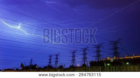 Lightning Strike On Electricity Power Lines And Sub Station