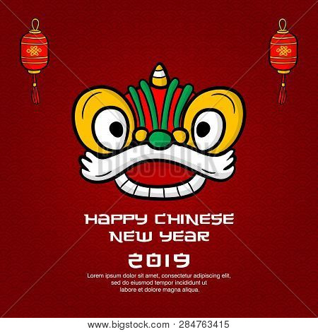 Greeting Card Chinese New Year With Lion Dance Vector, Poster Or Banner