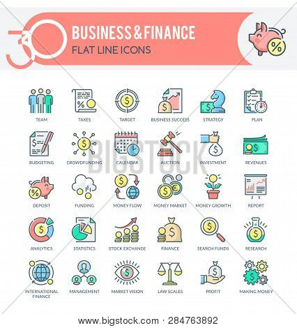 Set Of Filled Outline Multicolor Icons On Following Themes - Business, Finance, Management And Other