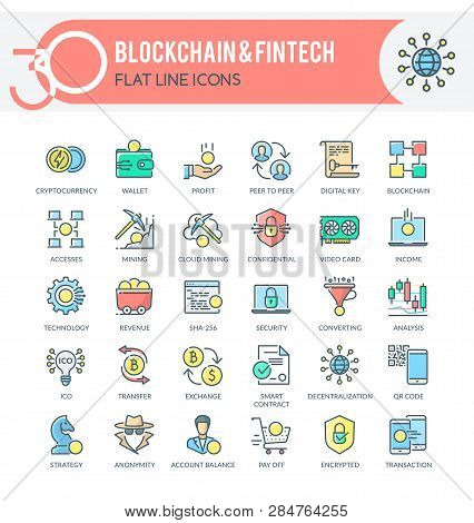 Set Of Modern Icons Of Cryptocurrency, Blockchain, Cloud Mining, Finance Technology And Other. Each 