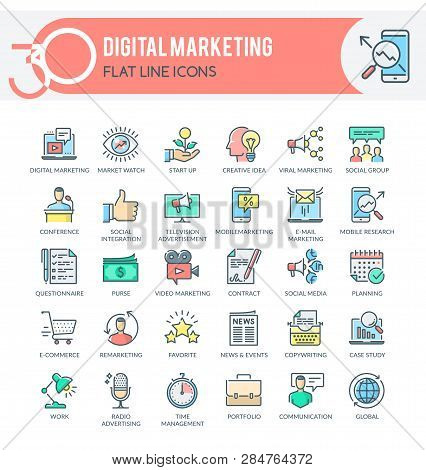 Set Of Modern Icons Of Marketing,  Digital Marketing, Marketing Research And Other. Each Icon Neatly