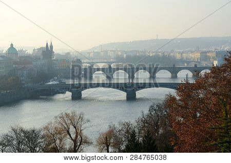 Beautiful Morning View Of Bridges And Vltava River From Observation Deck Of Ganavsky Pavilion, Pragu