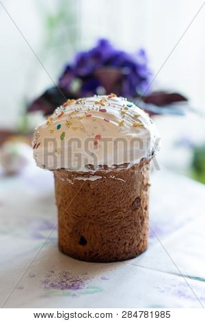Easter Cake On Flower And Eggs Background. Spring Season. Easter Composition Of Sweet Bread, Paska, 