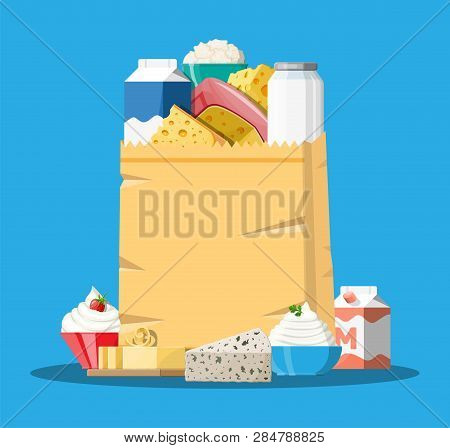 Milk Products Set In Paper Shopping Bag With Cheese, Cottage And Butter. Dairy Food. Tradicional Fre