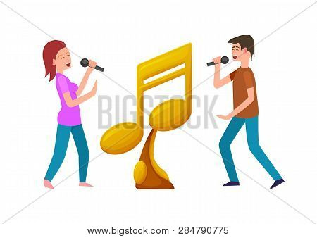 Music Contest Vector, Gold Award And Contestants With Microphones Giving Performance. Male And Femal
