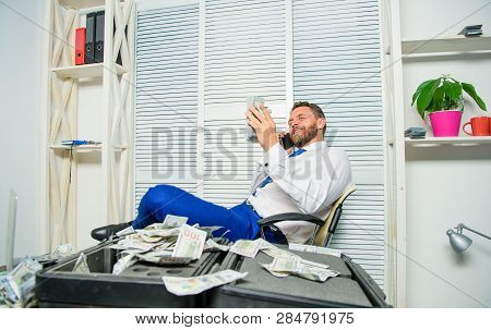 Man Earn Money On Mobile Conversation Fraud. Blackmail And Money Extortion. Illegal Money Profit Con