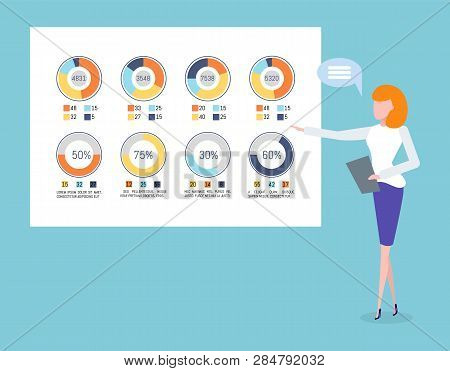 Businesswoman Presenting Business Solution Vector. Board With Infocgarts Pir Diagrams With Colored S