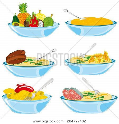 Vector Illustration Of Meal And Fruit In Plate