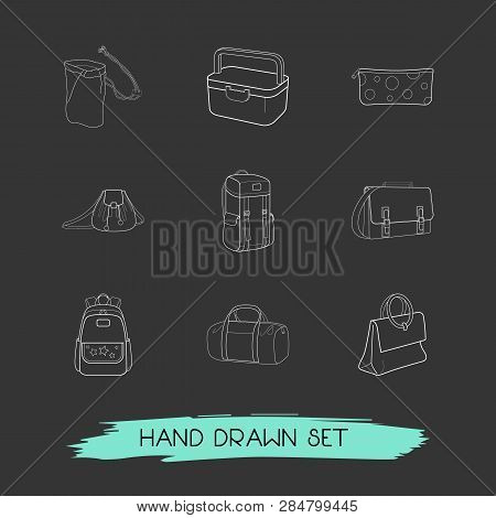 Set Of Bag Types Icons Line Style Symbols With Ring Bag, Lunch Box, Pouch And Other Icons For Your W