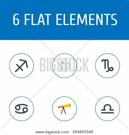 Set Of Astronomy Icons Flat Style Symbols With Libra, Capricorn, Cancer And Other Icons For Your Web