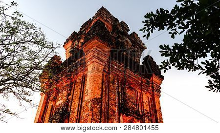 Nhan Tower Or Thap Nhan In Phu Yen, Vietnam. Great Destinaton Must Visit At Night