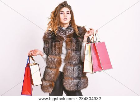 Girl Makeup Furry Coat Shopping White Background. Shopping Or Birthday Gifts. Woman Shopping Luxury 