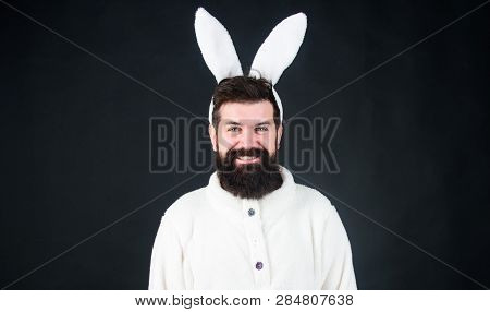 Easter Bunny. White Bunny Symbol Of Easter Holiday. Soft And Tender. Guy With Long Bunny Or Rabbit E
