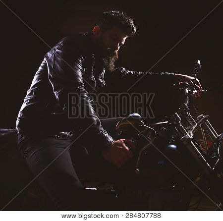 Macho, Brutal Biker In Leather Jacket Riding Motorcycle At Night Time, Copy Space. Night Racer Conce