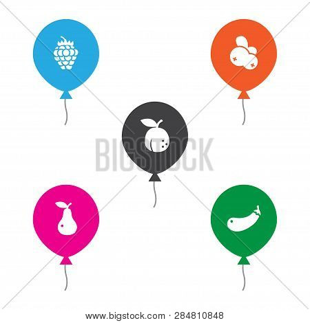 Set Of 5 Vitamin Icons Set. Collection Of Pear, Apricot, Cranberry And Other Elements.