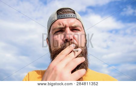 Take It Easy. Smoking Habit Concept. Hipster Thoughtful Concentrated Face With Smoke Flying Out Of M