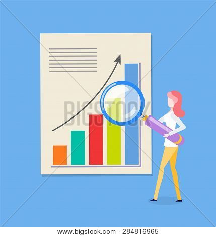 Woman Reserching Diagram, Chart With Rising Up Arrow. Female Holding Magnifier, Growth Pointer On Sl