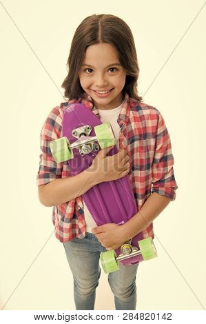 Penny Board Girl. Girl With Penny Board. Hipster Child Hold Skate Penny Board. Penny Board In Hands 