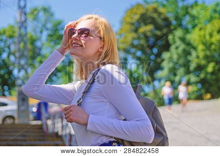 Woman Sunglasses Enjoy Walk Sunny Day, Urban Background. Urious Tourist. Trendy Girl Walking. Woman 