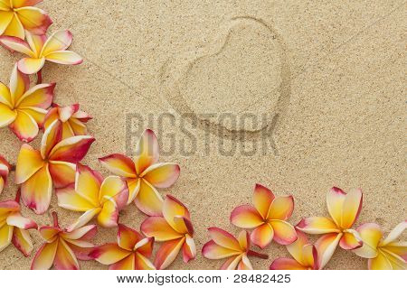 Frangipani, plumeria çiçek çerçeveyi, ile kalp baskı üzerinde kum