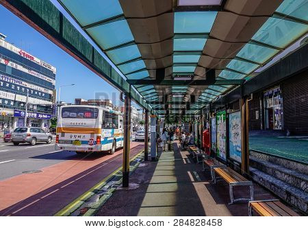 Jeju, South Korea - Sep 20, 2016. Bus Station In Jeju Island, South Korea. Jeju Island Is One Of The