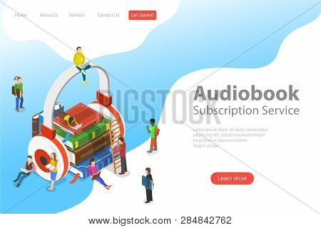 Isometric Flat Vector Landing Pate Template Of Audiobook, Education.
