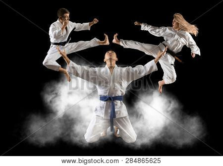 Three martial arts masters, karate, taekwondo practice. 