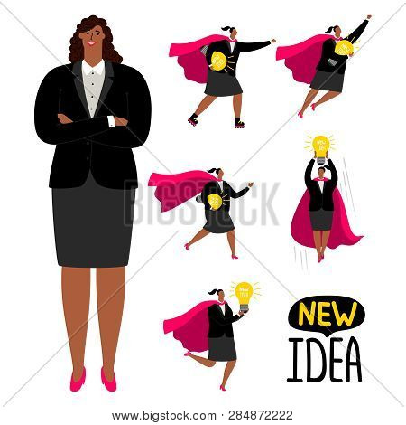 Successful Afroamerican Businesswoman - New Idea Vector Concept. Illustration Of Businesswoman Afroa