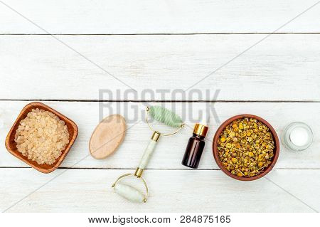 Naturale Beauty Products And Facial Roller. Copy Space