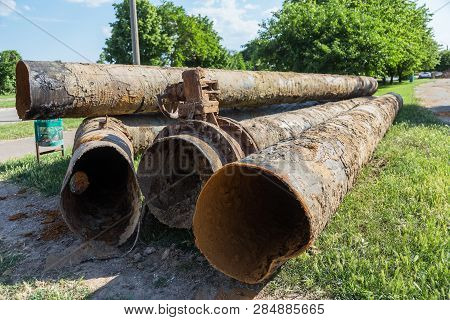 Replacement Of Old Rusted Broken Metal Water Pipes With Modern Plastic Pipes. Plastic Pipes Ready To