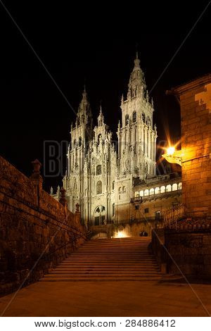 Santiago De Compostela Cathedral View From Obradoiro Square At Night. Cathedral Of Saint James Pilgr