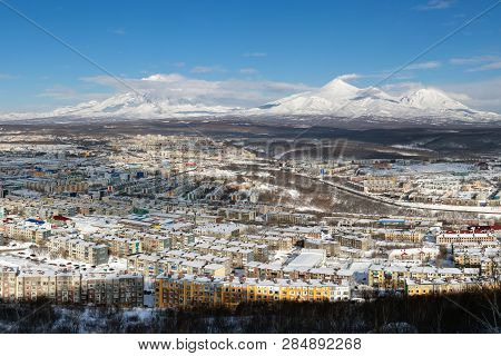 Winter Landscape Residential Buildings Of Petropavlovsk-kamchatsky City, Scenery Volcanoes Of Kamcha
