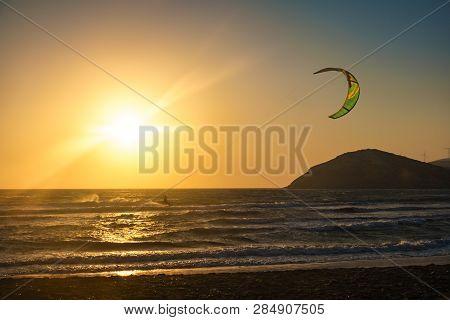 Sunset On Prasonisi Beach With Kitesurfer (rhodes, Greece)