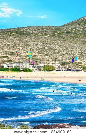 Parking Lot Full Of Cars Of Kitesurfers Parked On Prasonisi Beach (rhodes, Greece)