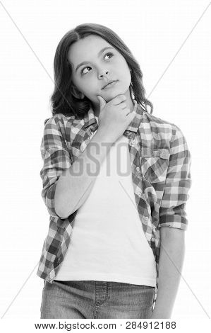 Kid Thoughtful Face Make Decision Isolated White. Child Cute Face Brunette Hair Thinking. Girl Casua