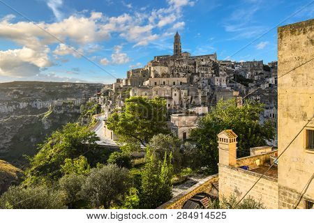 View Of The Ancient City Of Matera, Italy In The Basilicata Region, Including The Old Town, Tourist 