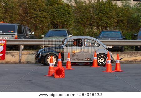 Bangkok, Thailand - February 9, 2019: Volkswagen Beetle Driver Race Gymkhana In Volkswagen Club Meet