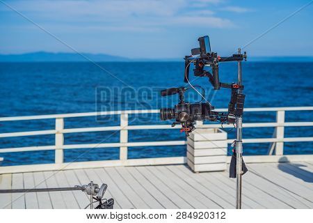 Profeccional Cinema Camera On A 3-axis Camera Stabilizer System On A Commercial Production Set